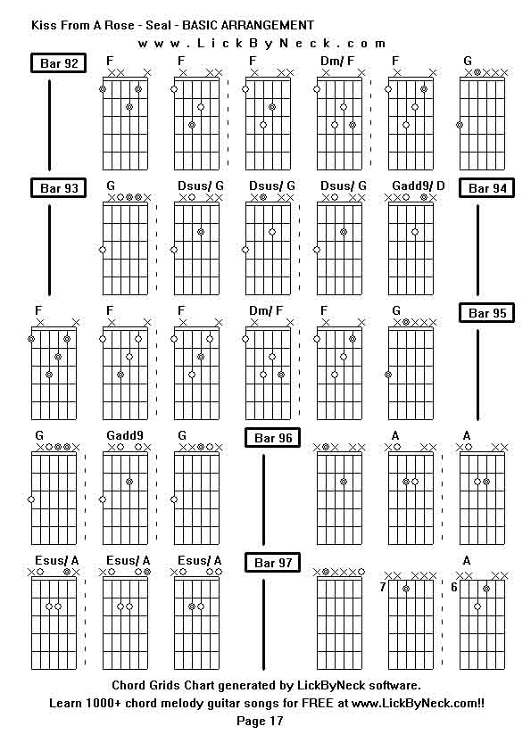 Chord Grids Chart of chord melody fingerstyle guitar song-Kiss From A Rose - Seal - BASIC ARRANGEMENT,generated by LickByNeck software.